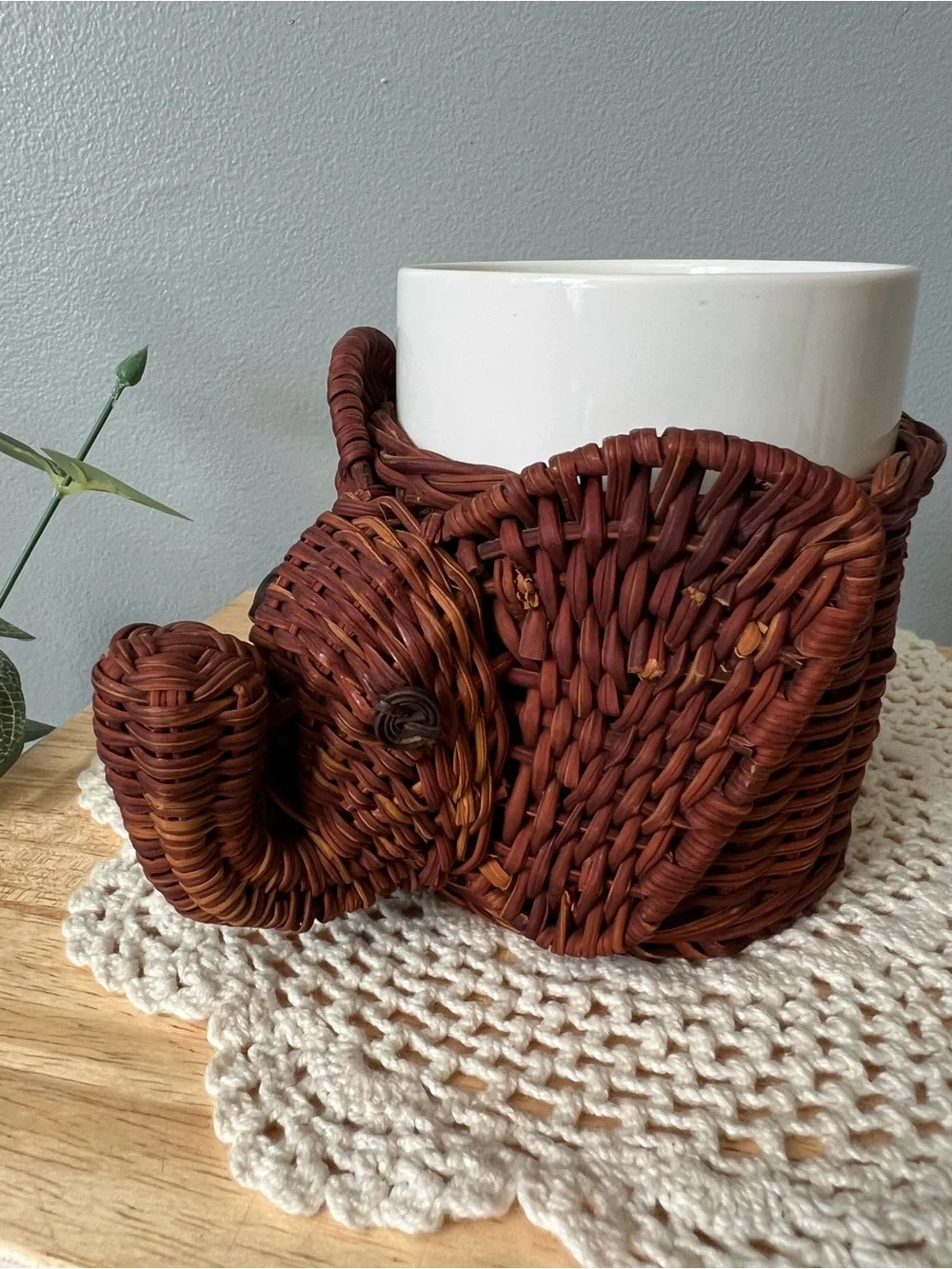 Vintage Handwoven Trunk Up Elephant Basket Planter Rich Brown Retro Wicker Boho